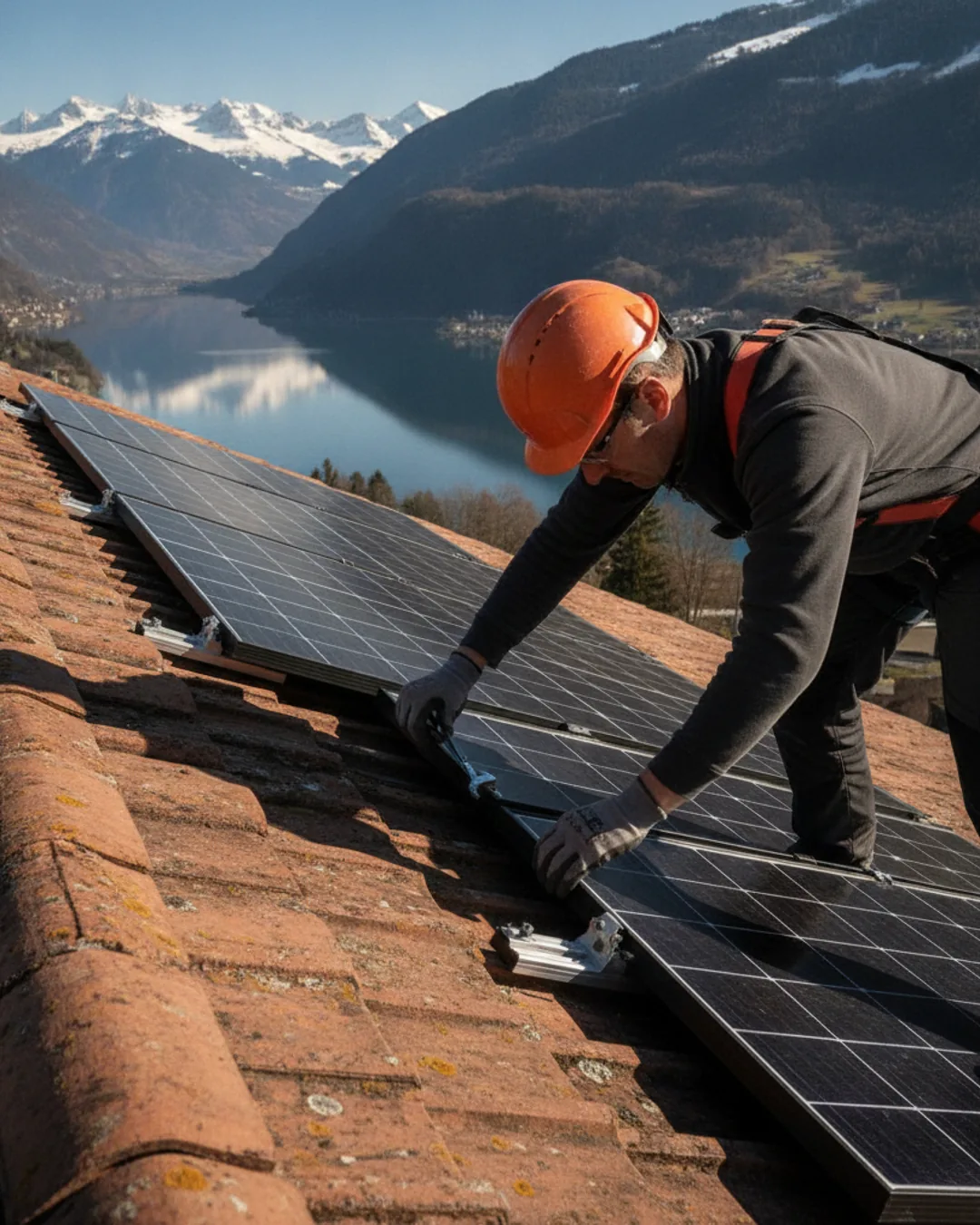 Panneaux solaires photovoltaïques installés sur une toiture en Suisse romande